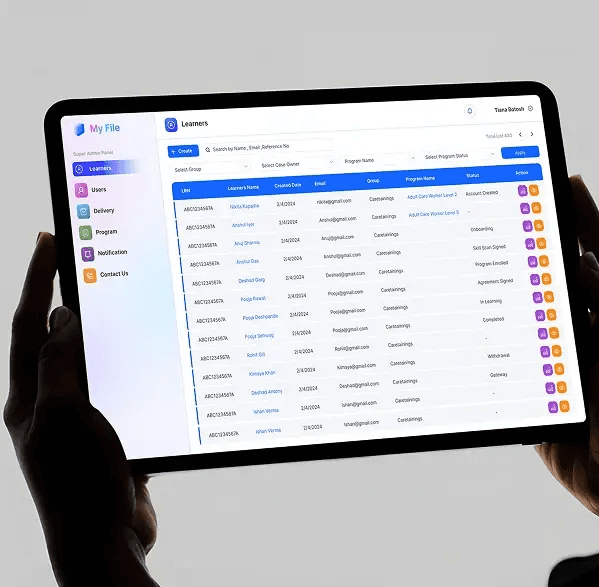 MyFile learner management dashboard shown on a tablet